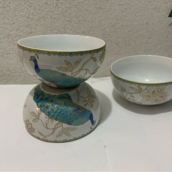 Set of 3; 222 Fifth Peacock Garden 5.5” Cereal Soup Bowls Fine China G14 - Picture 1 of 6